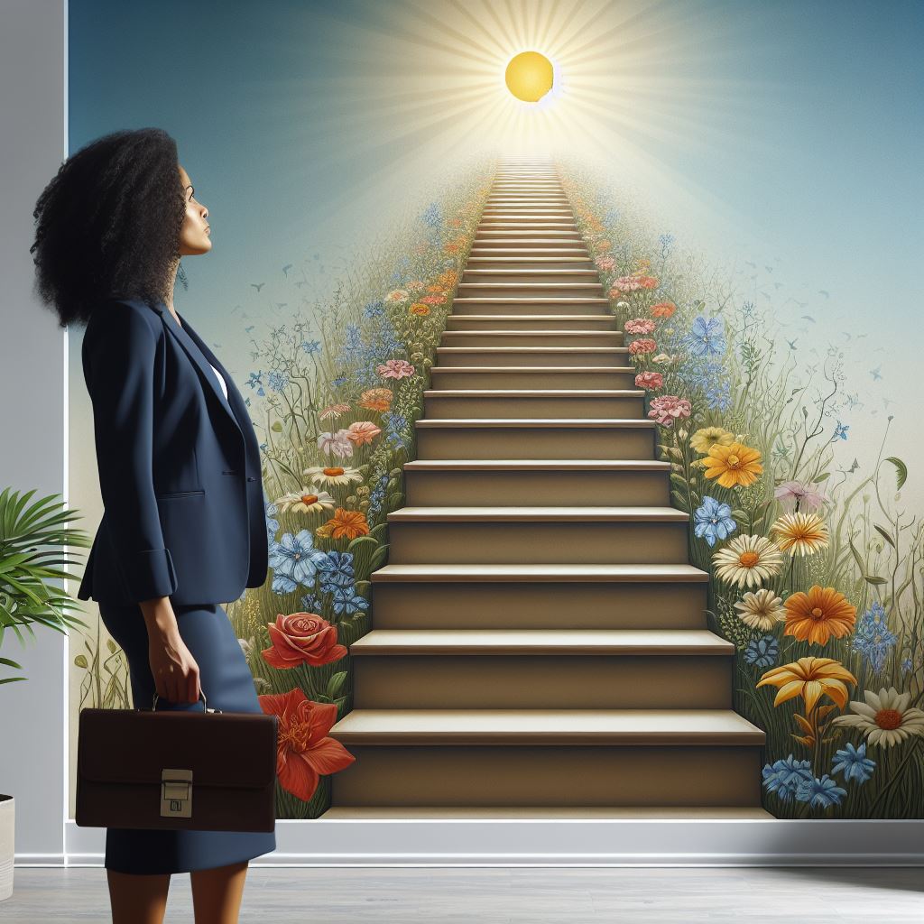 woman looking up a staircase with flowers and a sun at the top