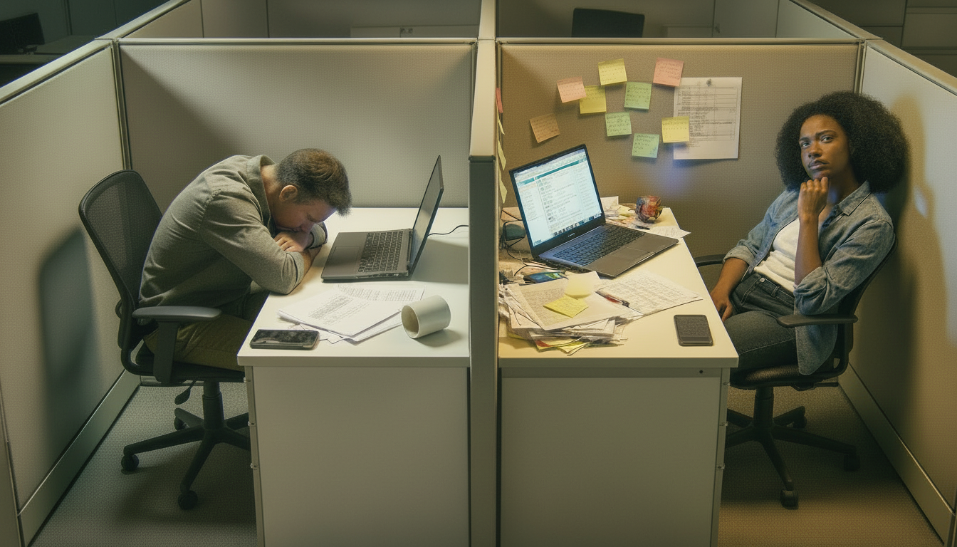 Man at work head down discouraged at work next to woman in her cubicle daydreaming.